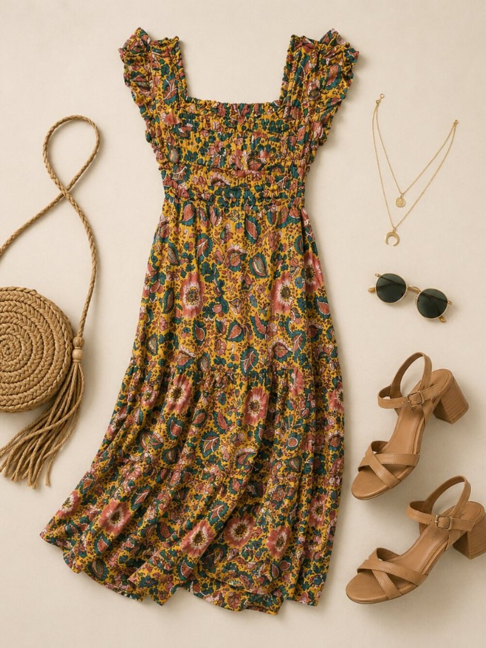 House of Harlow 1960 Floral Smocked Midi Dress Boho Mustard L NWT
